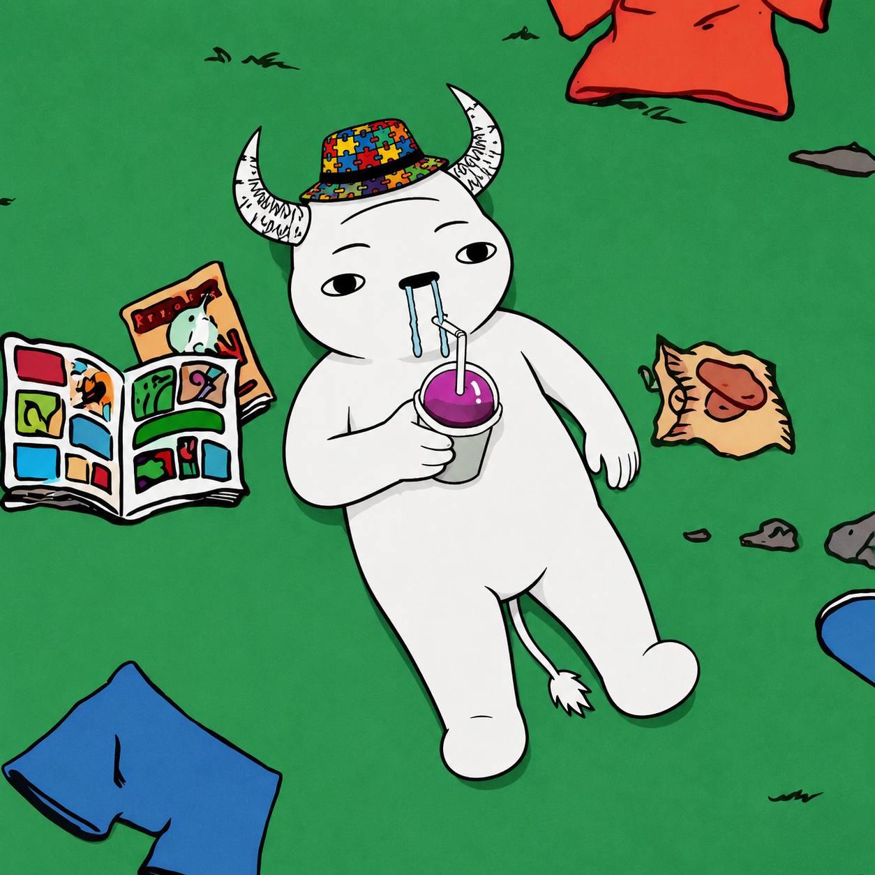 Bulltism lying in the grass with a drink